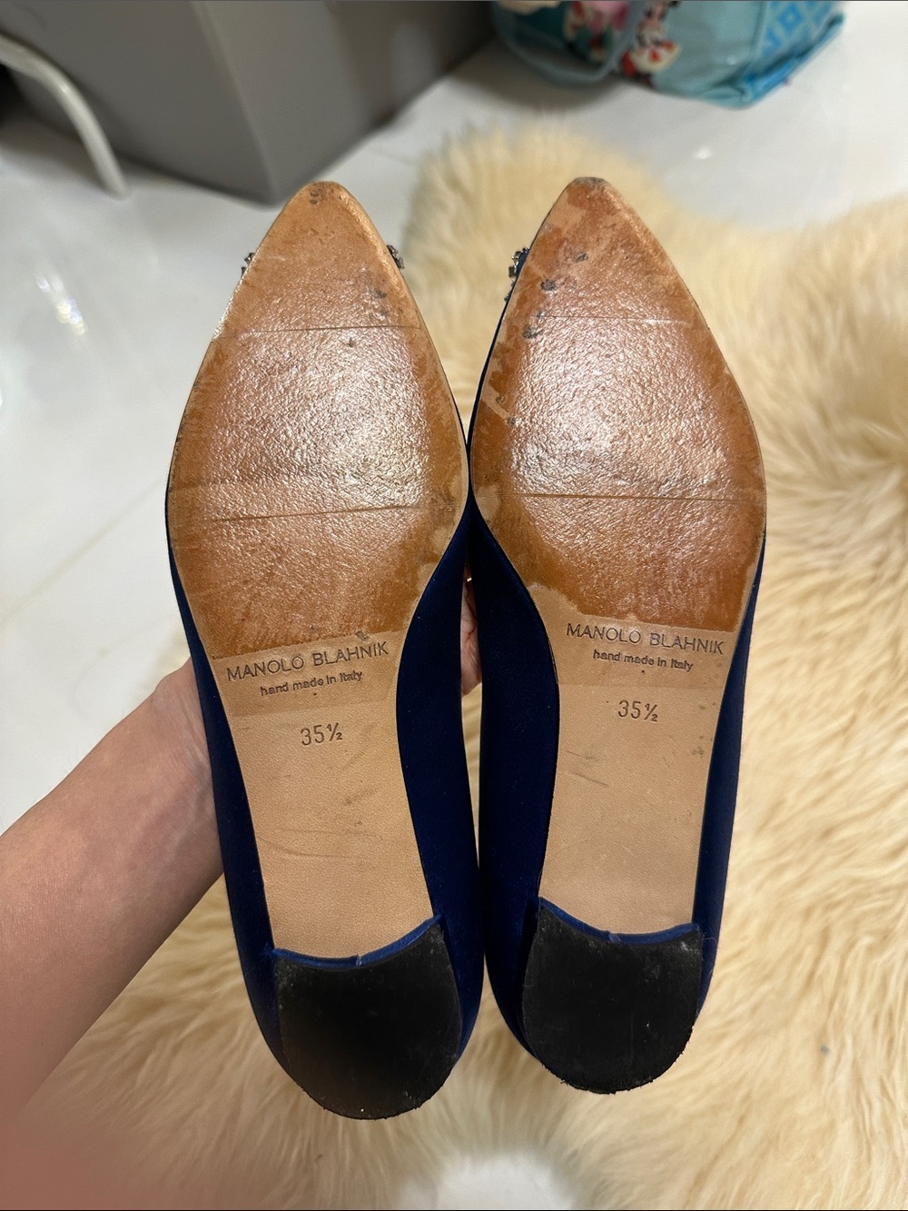 Manolo Blahnik Royal Blue Satin Pointed-Toe Flats with Crystal Buckles - Picture 5 of 7